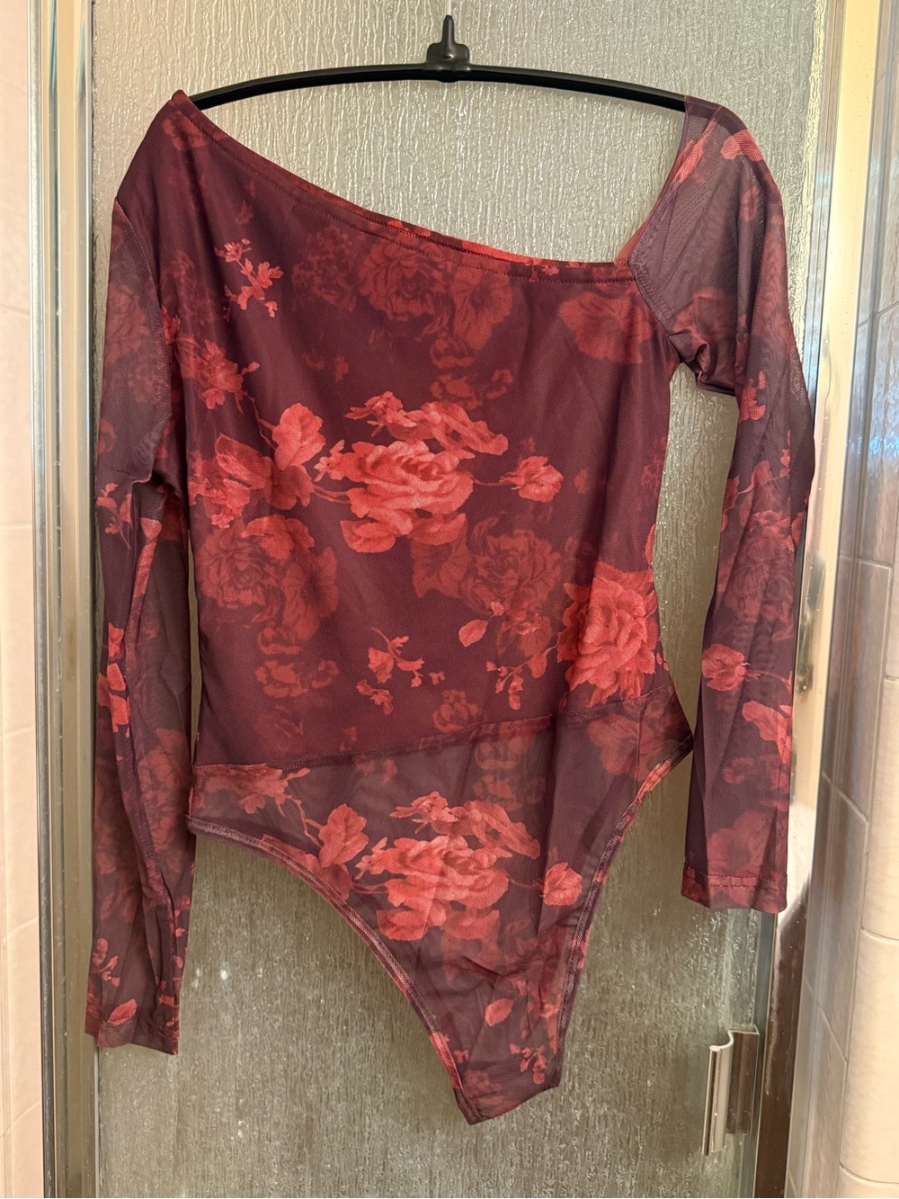 SHEIN Burgundy Red Floral Mesh Long Sleeve Bodysuit